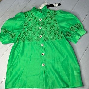 Beulah Eyelet Green Puff Sleeve Top w/ Jewel Button Embellishments - Size Small